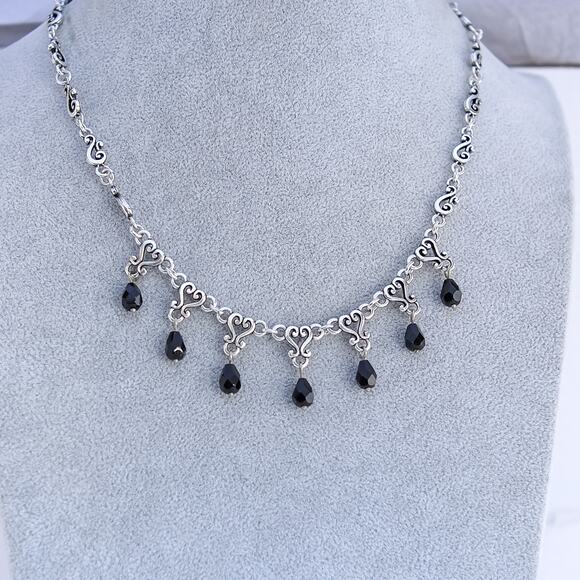 Brighton Vivaldi Necklace Silver Beaded Black Teardrop Dangle Design 16-18" - Picture 1 of 5